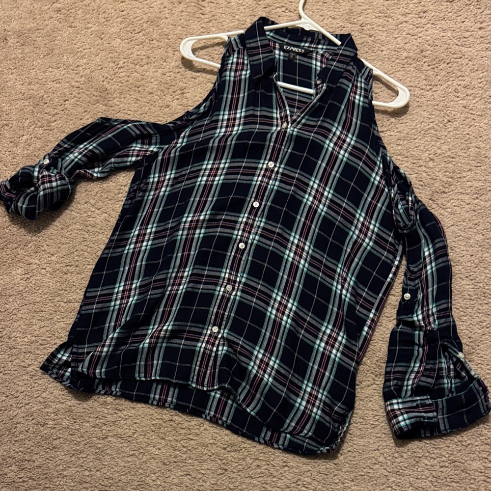 Express Navy Plaid Cold Shoulder Blouse
